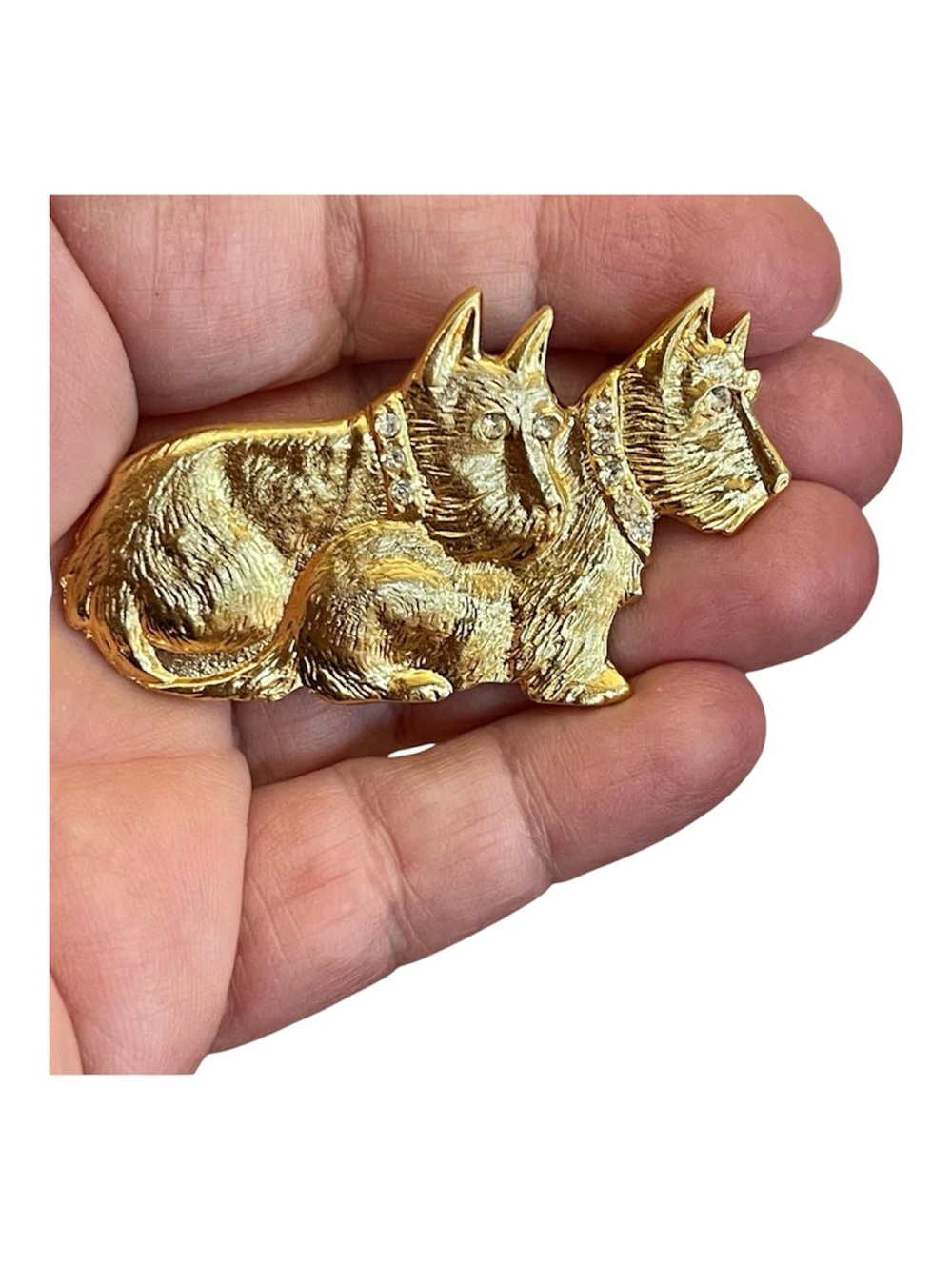 VTG Scotty Dog Brooch / Pin with Rhinestones - Gold Tone Metal
